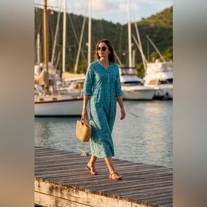 At Last Cotton Annabel Floral Green Blue Maxi Dress UK 24 (US XXL)